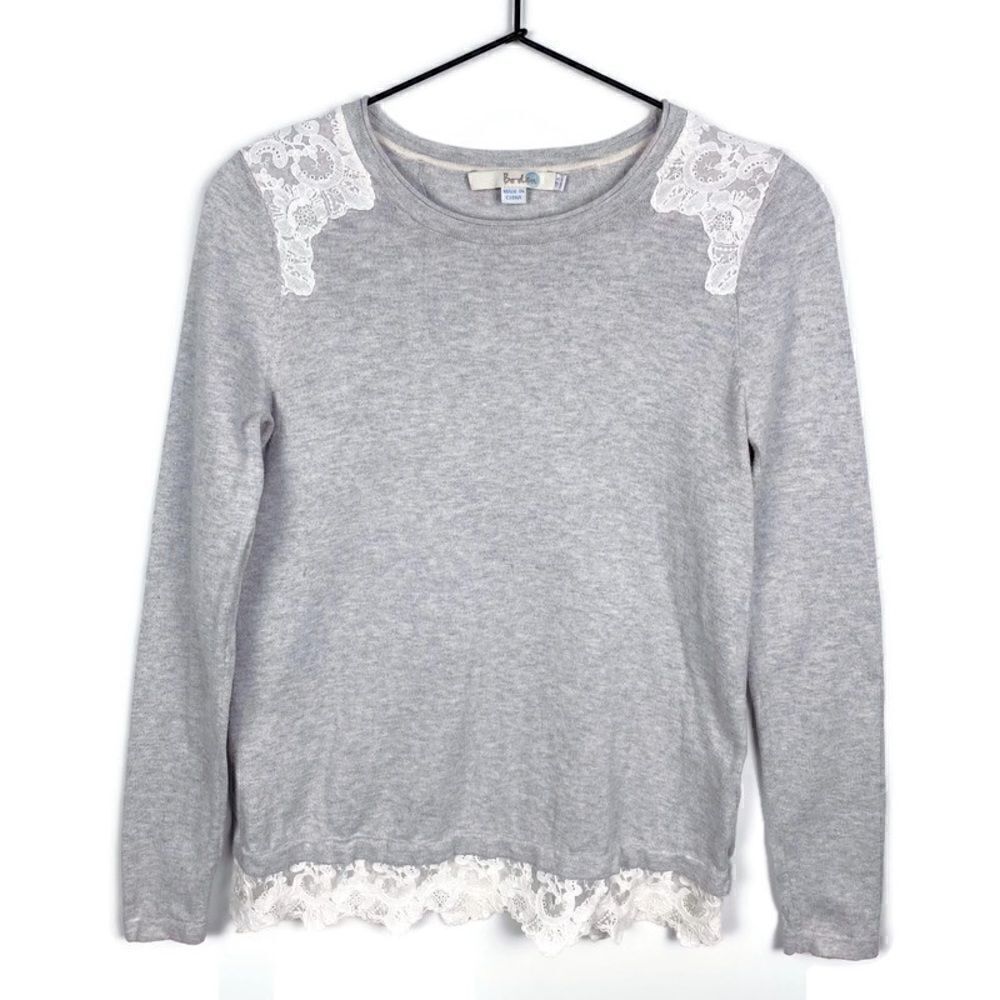 Boden Lace Embellished Sweater Cotton Gray White Long Sleeve Crew Neck 2